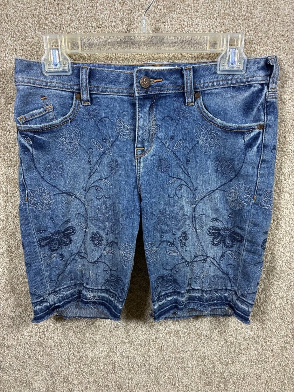 Sundance Womens 27 Embroidered Denim Bermuda Shorts Floral Boho Frayed Hem